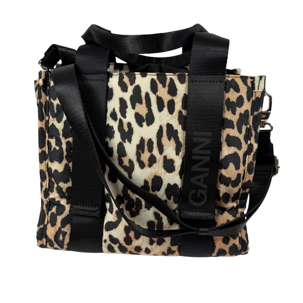 Ganni Leopard Print Tech Tote Bag Recycled Polyester Crossbody Handbag Black Tan